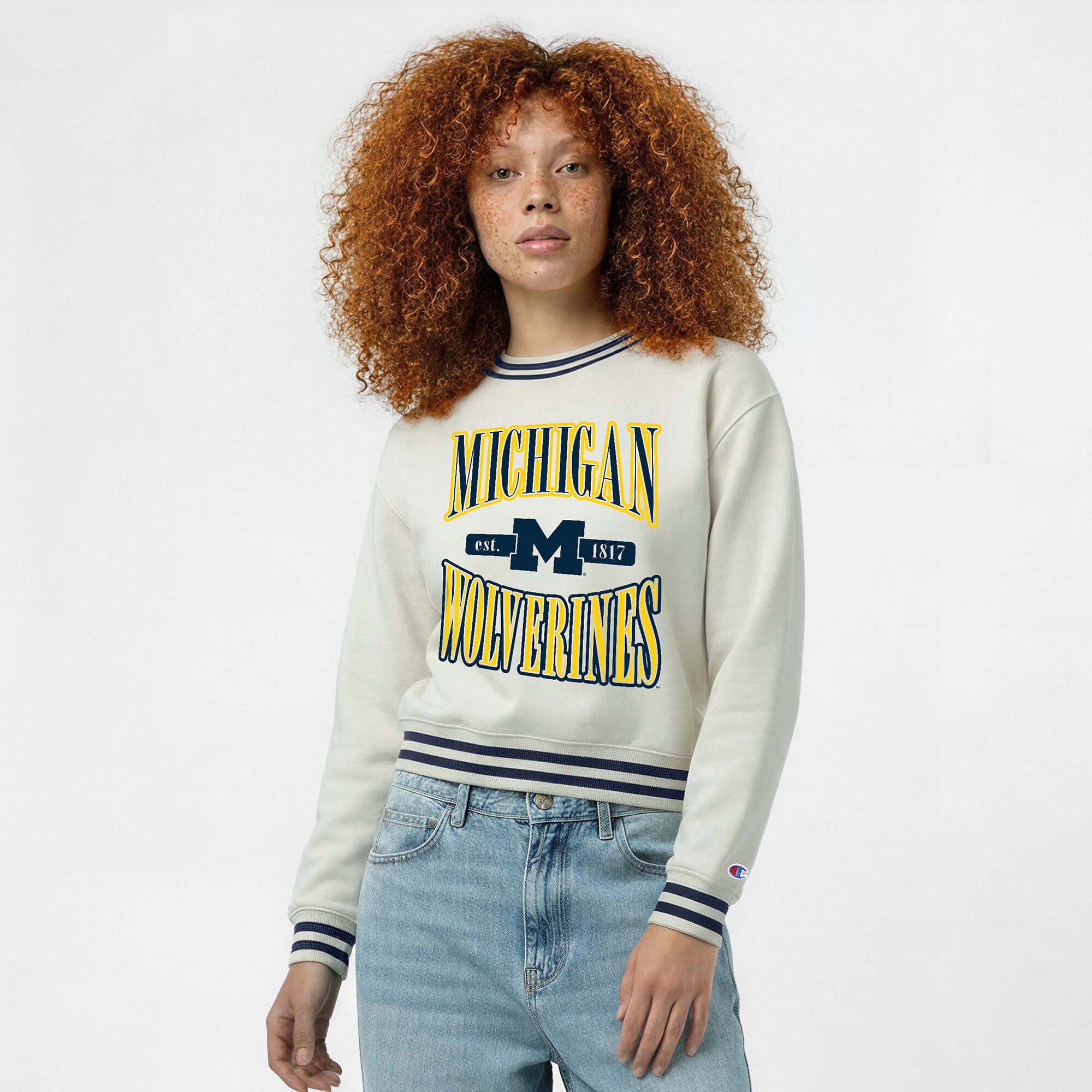 Women's Champion  White Michigan Wolverines Yarn Dye Rib Reverse Weave Crew Sweatshirt